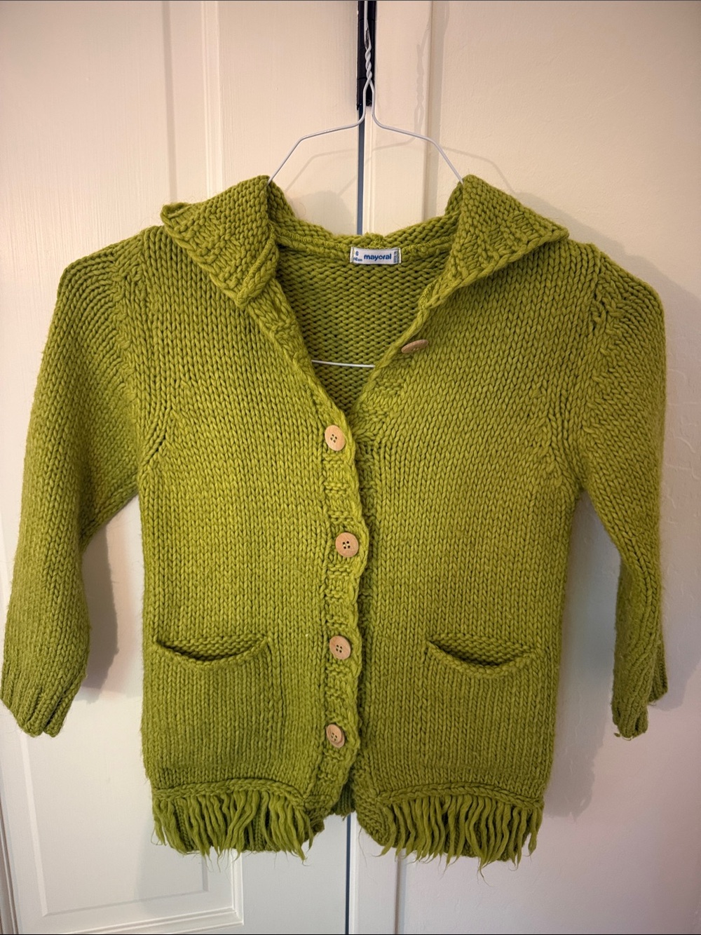 Mayoral Lime Green Chunky Knit Button Cardigan with Fringe
